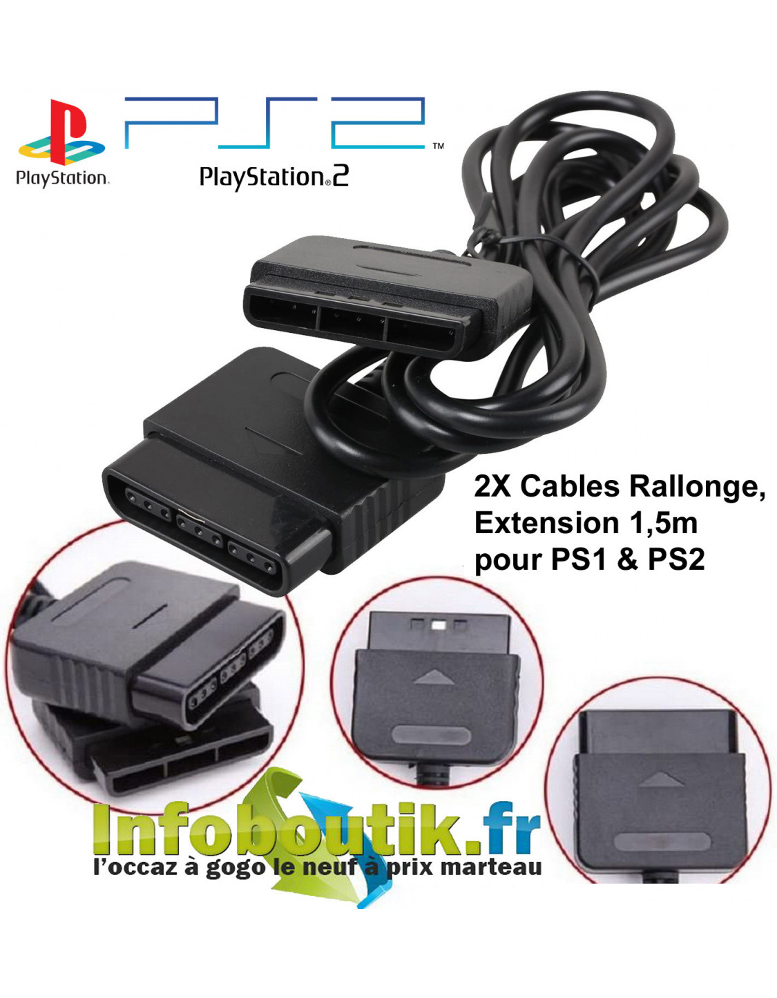 Câble adaptateur d'alimentation pour PS4 , PS3, PS2, 1.5M de long